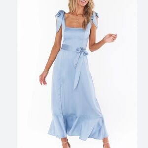 Claire Midi Dress ~ Steel Blue Luxe Satin